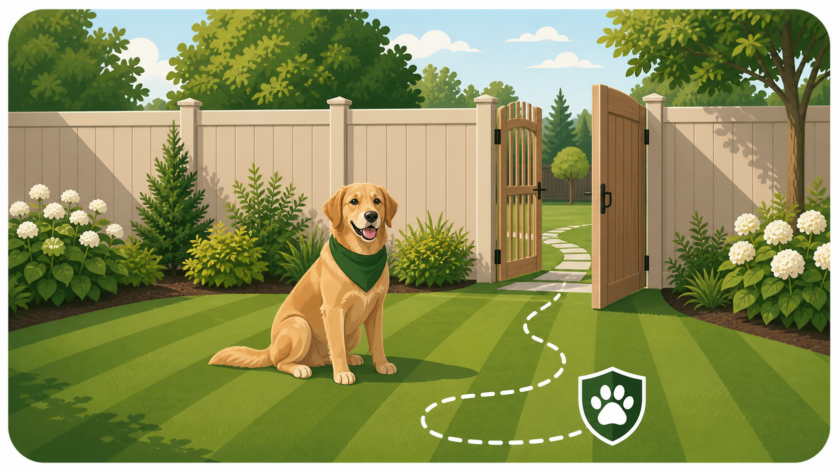 Clean backyard with a dog and open gate